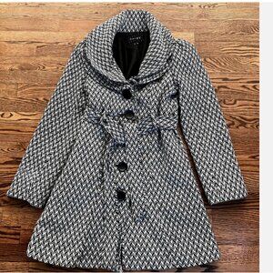 CHIME Women Dress Coat Jacket Black White Herringbone Button Belt Sz M Business